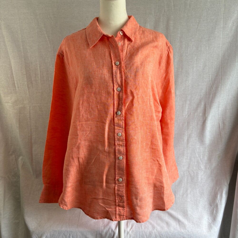 Talbots 100% Linen Shirt M Coral Orange Button Down Coastal Relaxed
